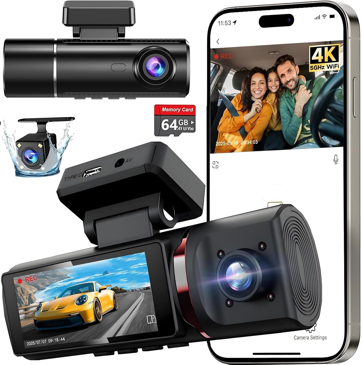 3 Channel 4K Dash Cam Front, 1080P Dash Camera Rear and Inside for Cars with ...