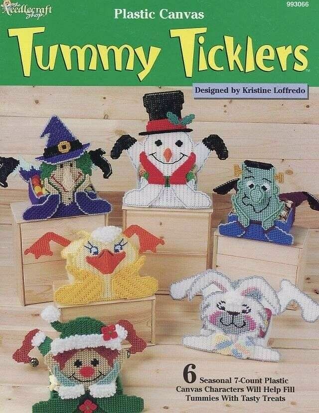 NEW PLASTIC CANVAS TUMMY TICKLERS 6 CUTE SEASONAL CANDY HOLDERS