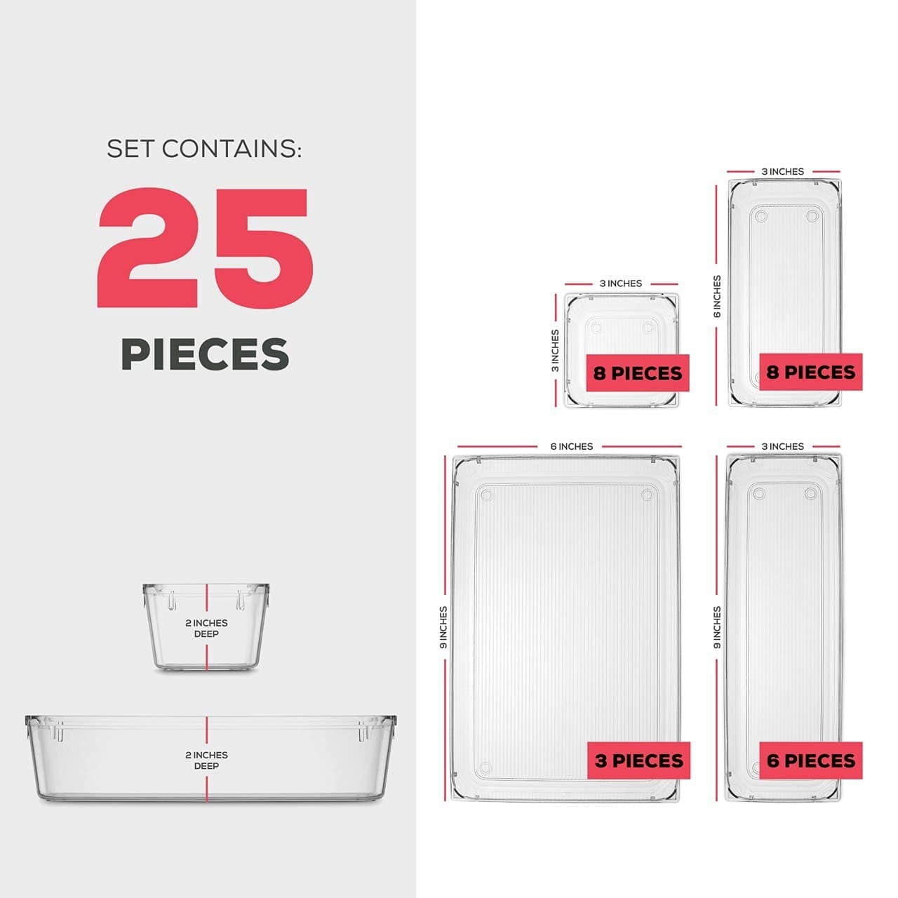25 PCS Clear Plastic Drawer Organizers Set, 4-Size Versatile Bathroom and Van...