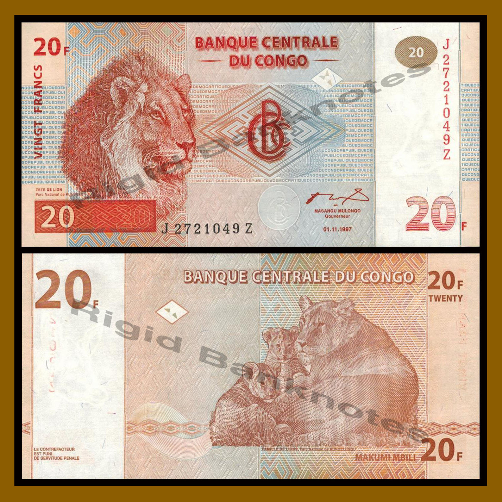 Congo (D.R) 20 Francs, 1997 P-88 Replacement (Z) Lion Unc