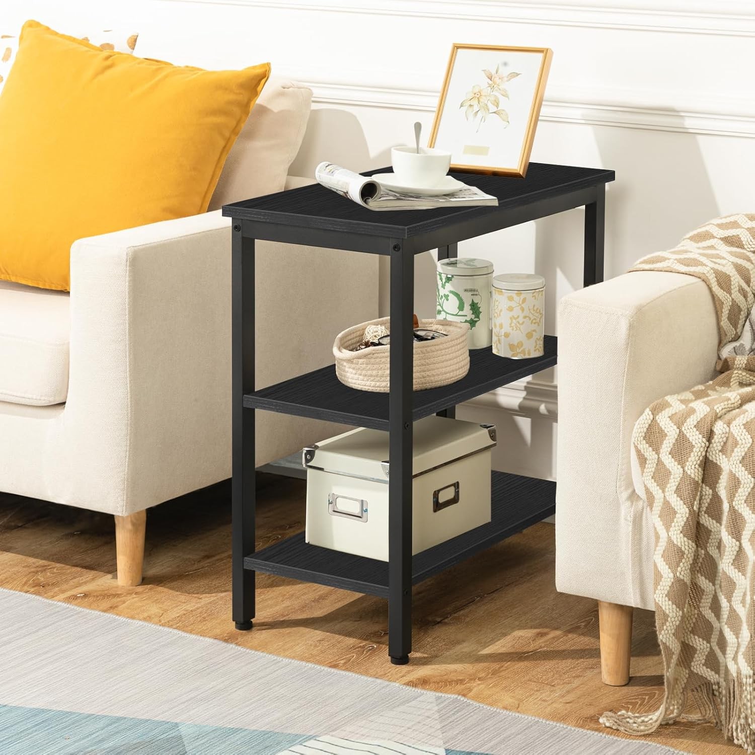 End Table Simple Rustic Side Table W/ 3-Tier Storage Shelf Narrow Nightstand