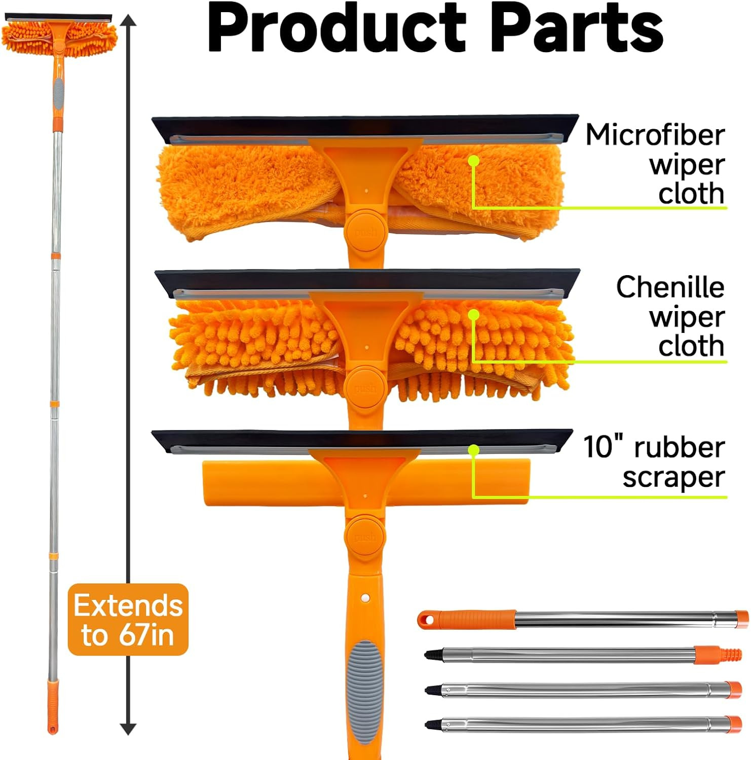 2 in 1 Window Squeegee Cleaner Kit Extension Pole, 67 In, Orange | Window