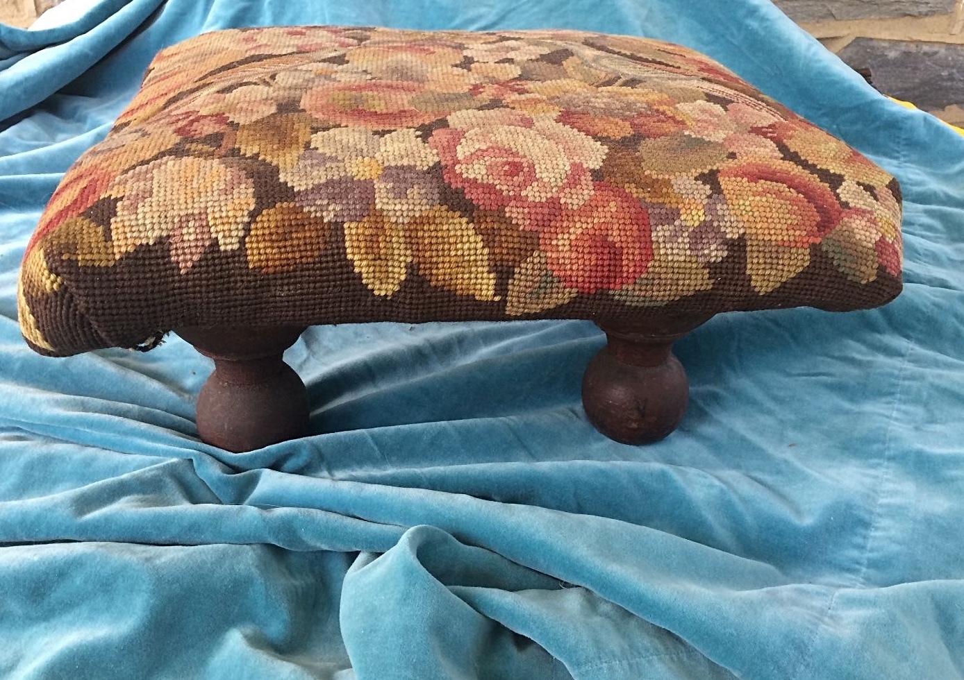 Antique Foot Stool Brown Floral & Birds Wood Needlepoint & Wood  Legs 6.25" tall