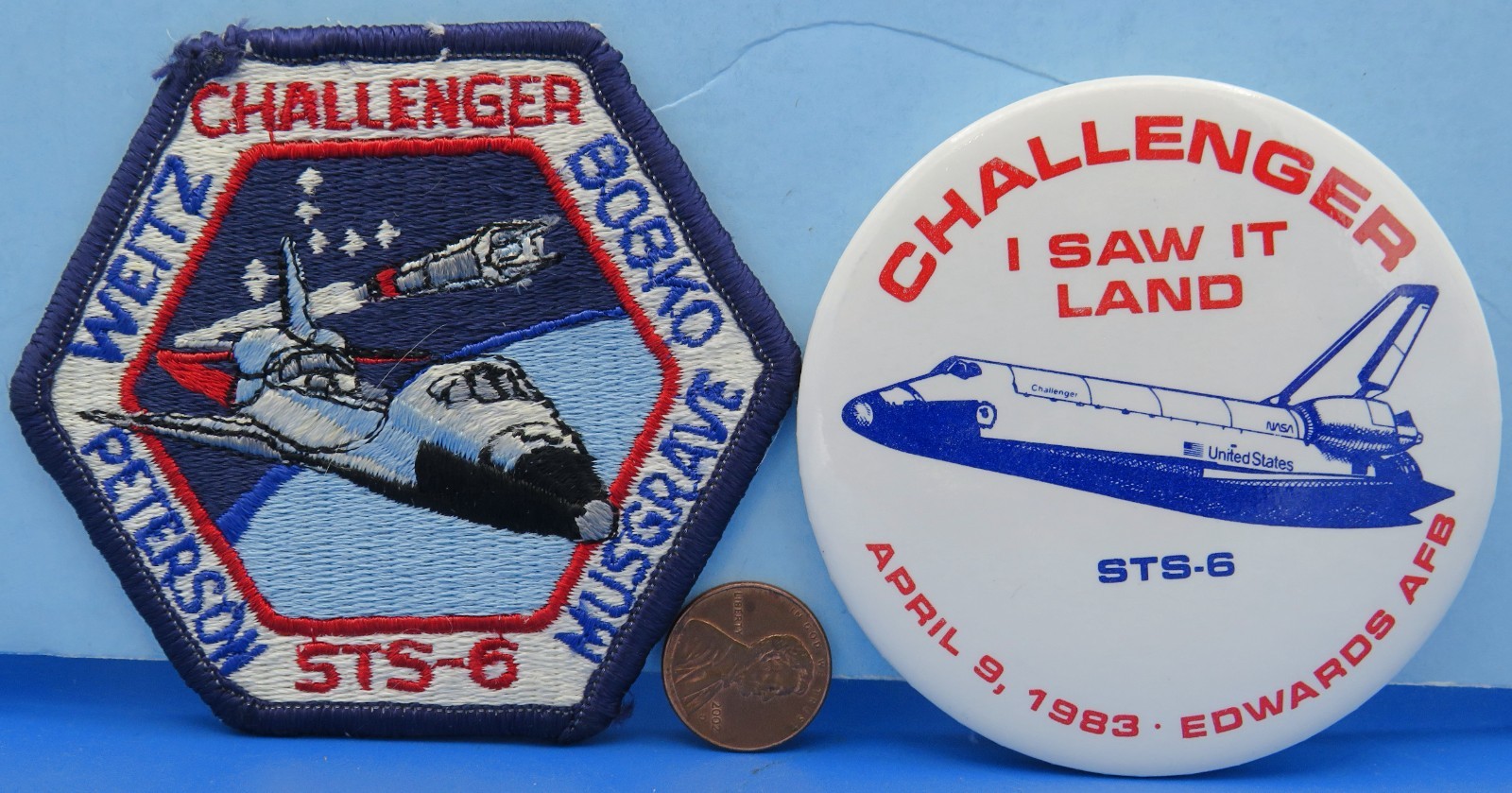 NASA PATCH & BUTTON Pair vtg STS-6 Space Shuttle CHALLENGER "I Saw It Land"