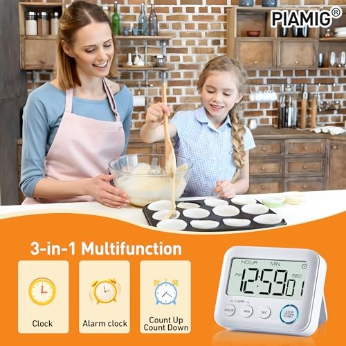Digital Kitchen Timer Alarm Clock for Cooking, Large LCD Display Multi White