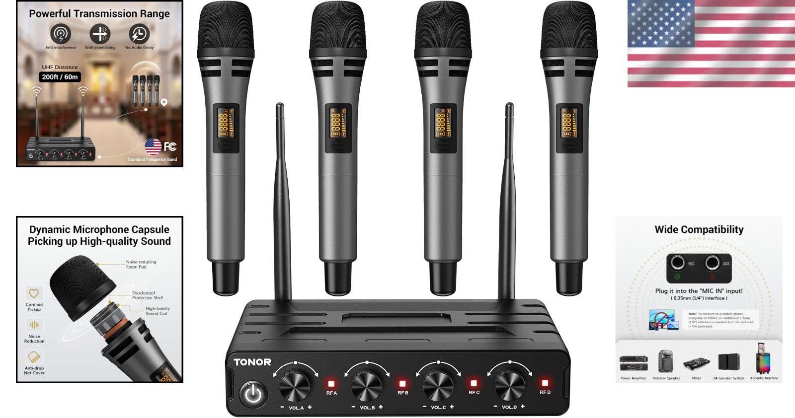 Wireless Microphone System - 4 Handheld Mics, 200ft Range for Karaoke Events