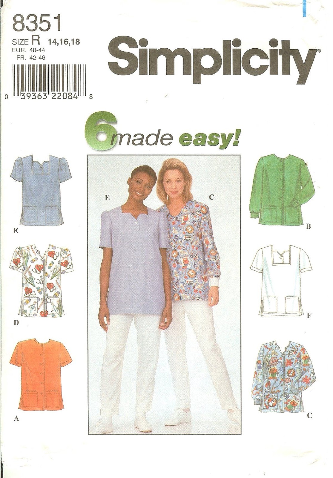 Simplicity 8351 Easy Misses Medical Lab Uniform Scrub Tops 14,16,18 UNCUT FF