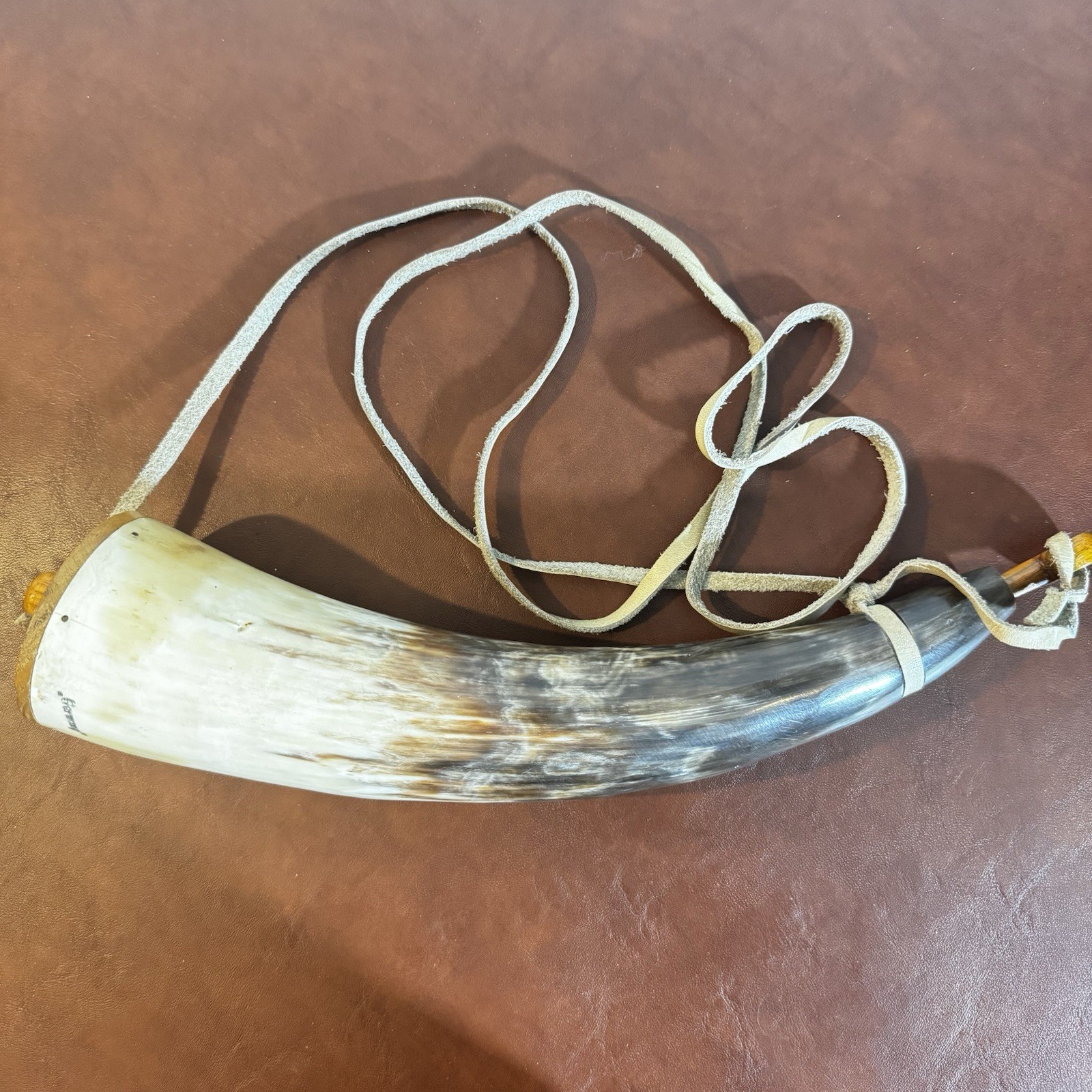 Vintage German Cow Horn Powder Horn Hunting Flask Leather Strap Genuine Horn