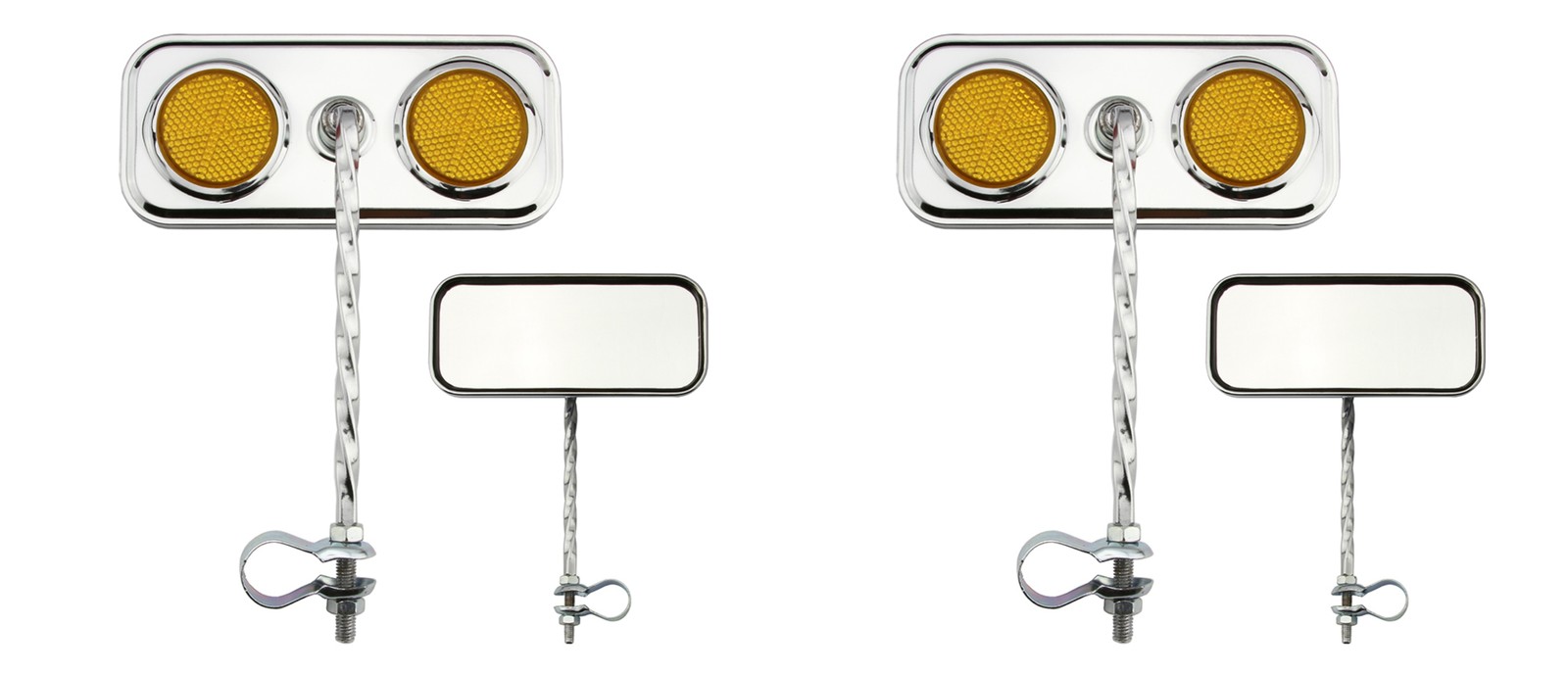Bike Two Rectangle Square Twisted Mirror Chrome Amber Reflectors.