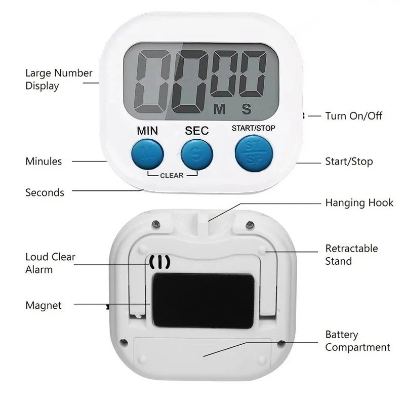 LCD Digital Kitchen Timer Magnetic Large Display Count Up Down Loud Alarm