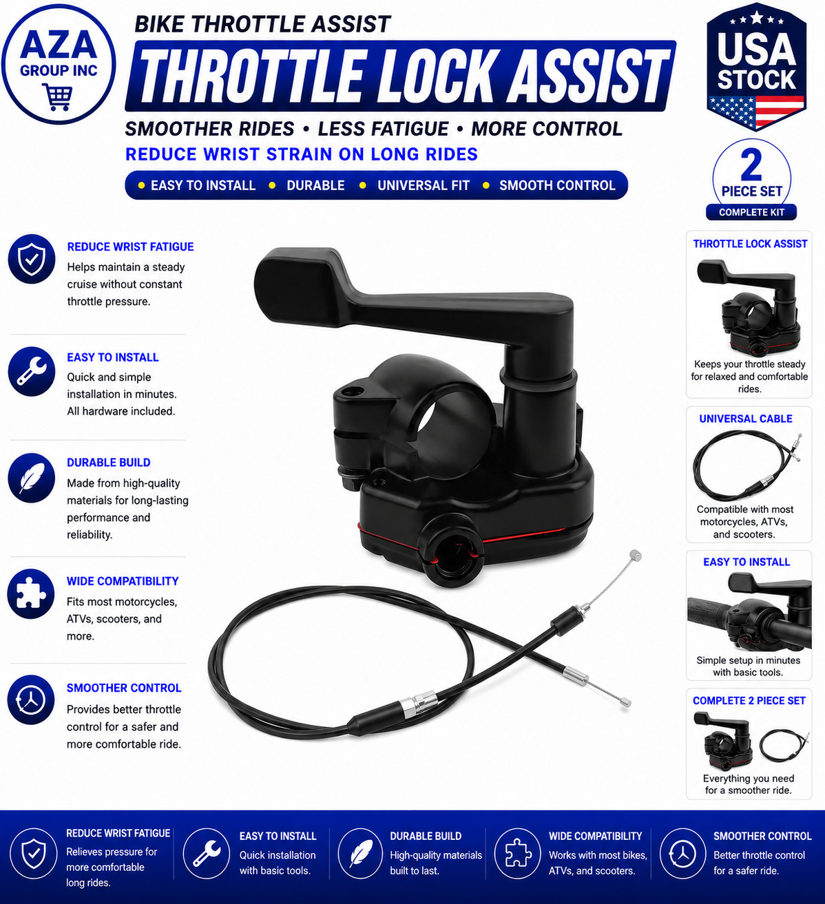 7/8'' Thumb Throttle Kit with Cable - Aluminum for 50-250cc ATV & Mini Bike