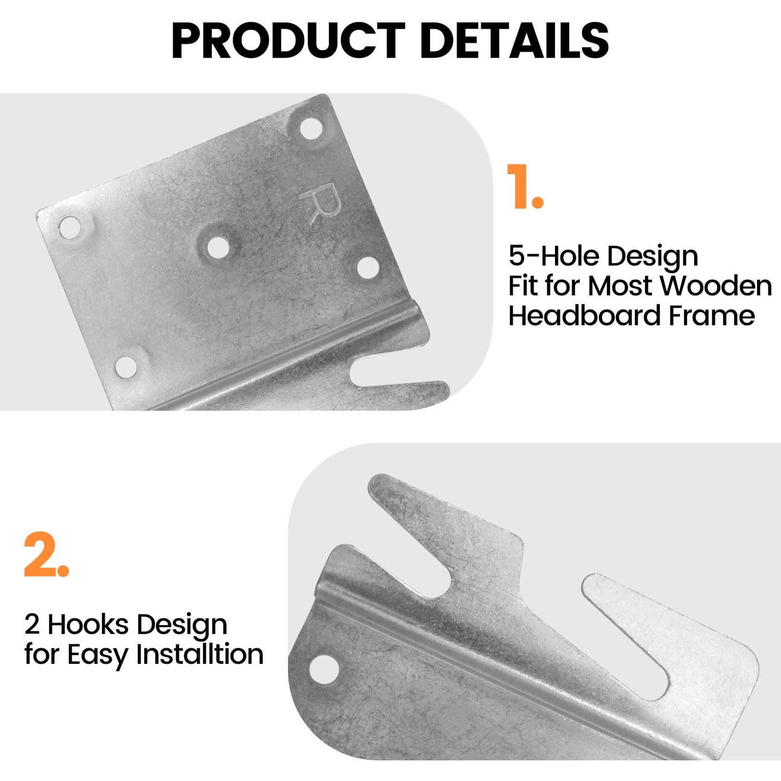 Mcredy Bed Rail Brackets, Heavy Duty Silver Bed Frame Hooks, 5-Hole, 4Pcs