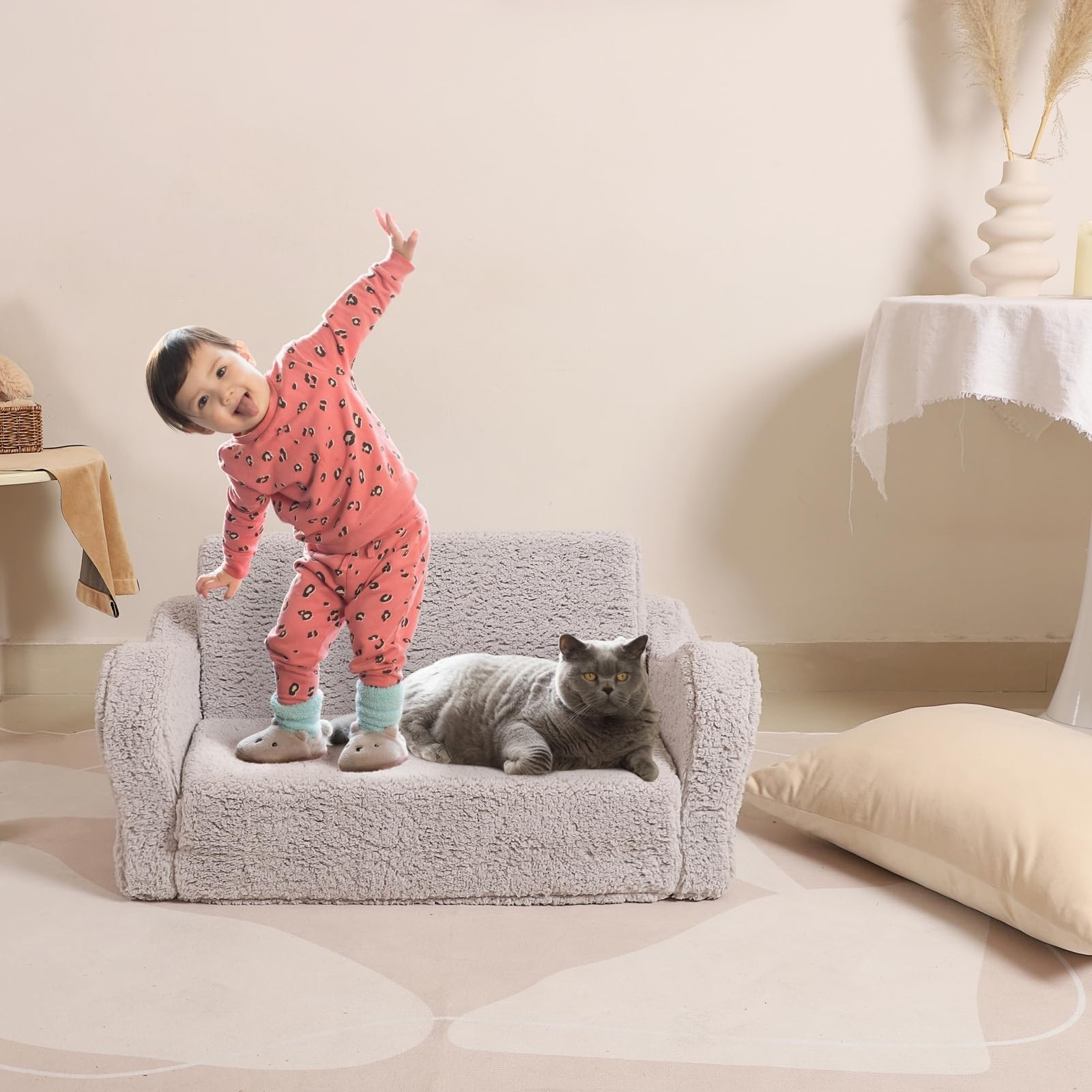 MOMCAYWEX Kids Sofa, 2-in-1 Flip-Out Foam Couch, Soft Play Lounge Large, Grey