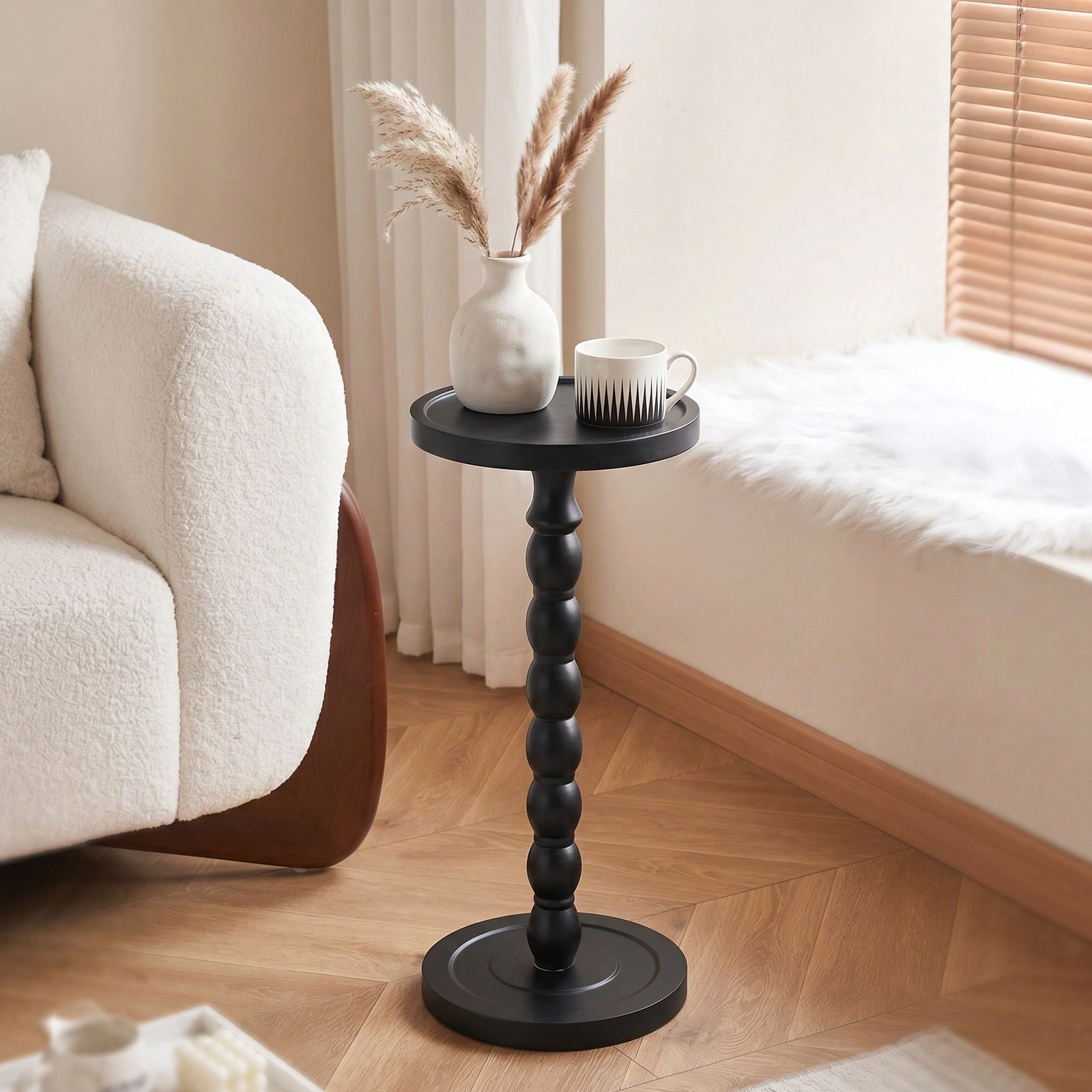 Solid Wood Retro Round Side Table Tray Top Frosted Finish Wood Color
