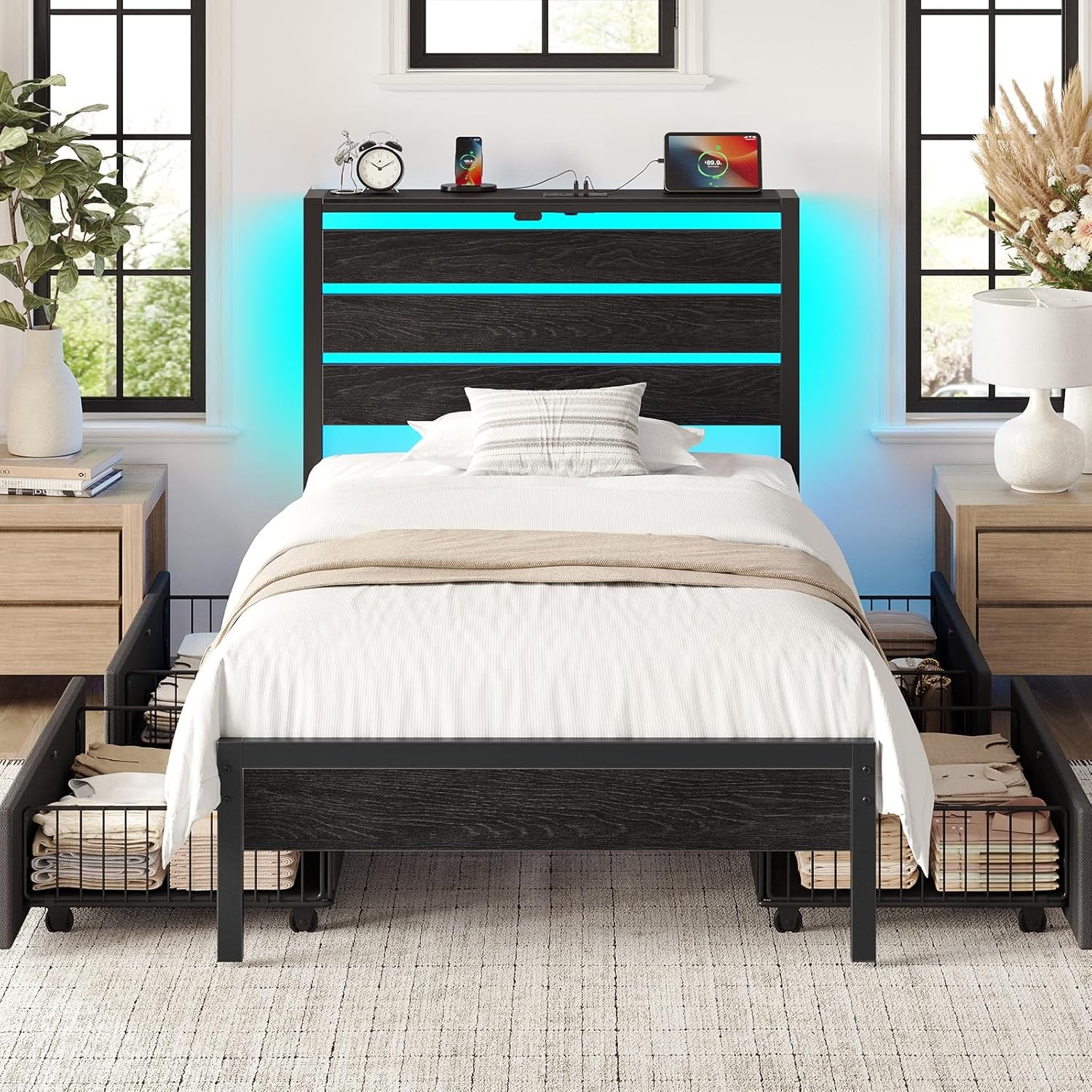 Rolanstar Twin Bed Frame 4 Drawers LED Lights Charging
