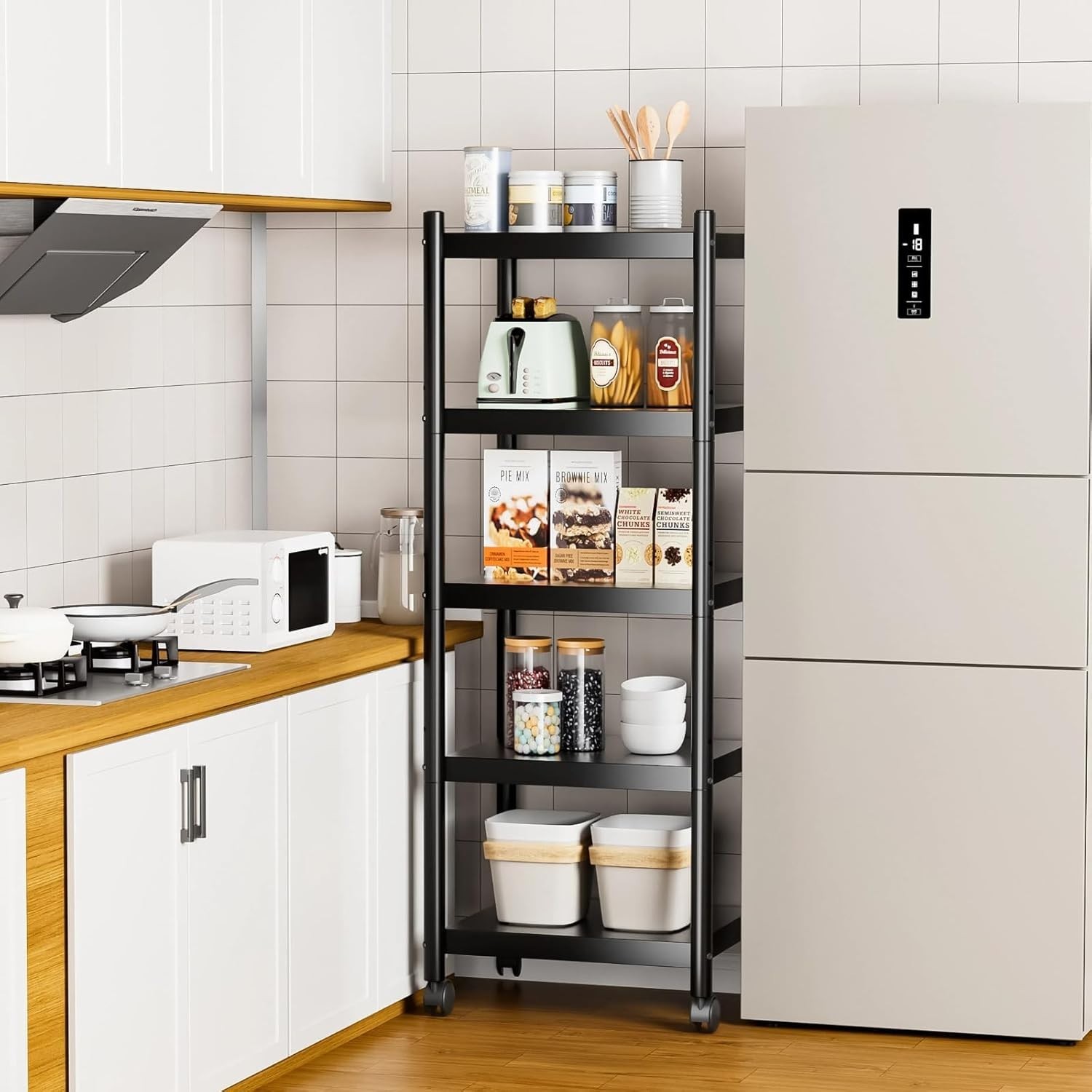 Compact 5-Tier Black Storage Shelves - Rust-Proof Utility Solution with Wheels