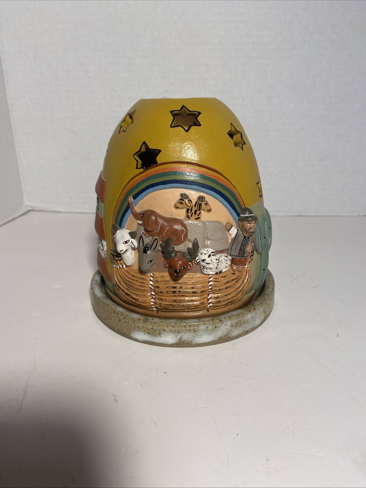 Pottery Terra Cotta Folk Art South American Noah Ark Tealight Holder Signed Art
