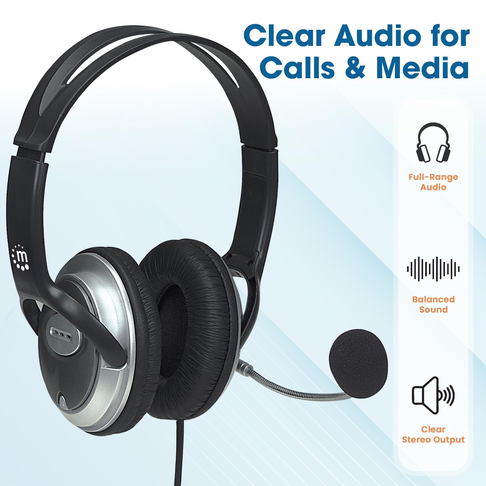 Wired Headset with Microphone, 8 ft Braided Cable, Volume Control, 3.5mm Jack