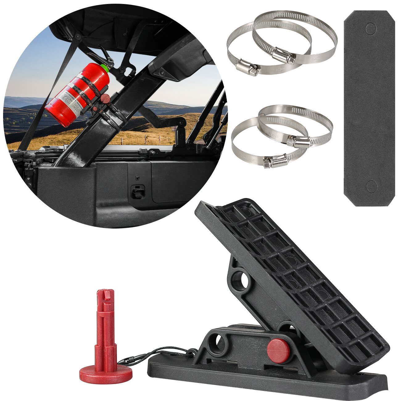 UTV Quick Release Roll Bar Fire Extinguisher Mount Holder with 4 Fixing Clips