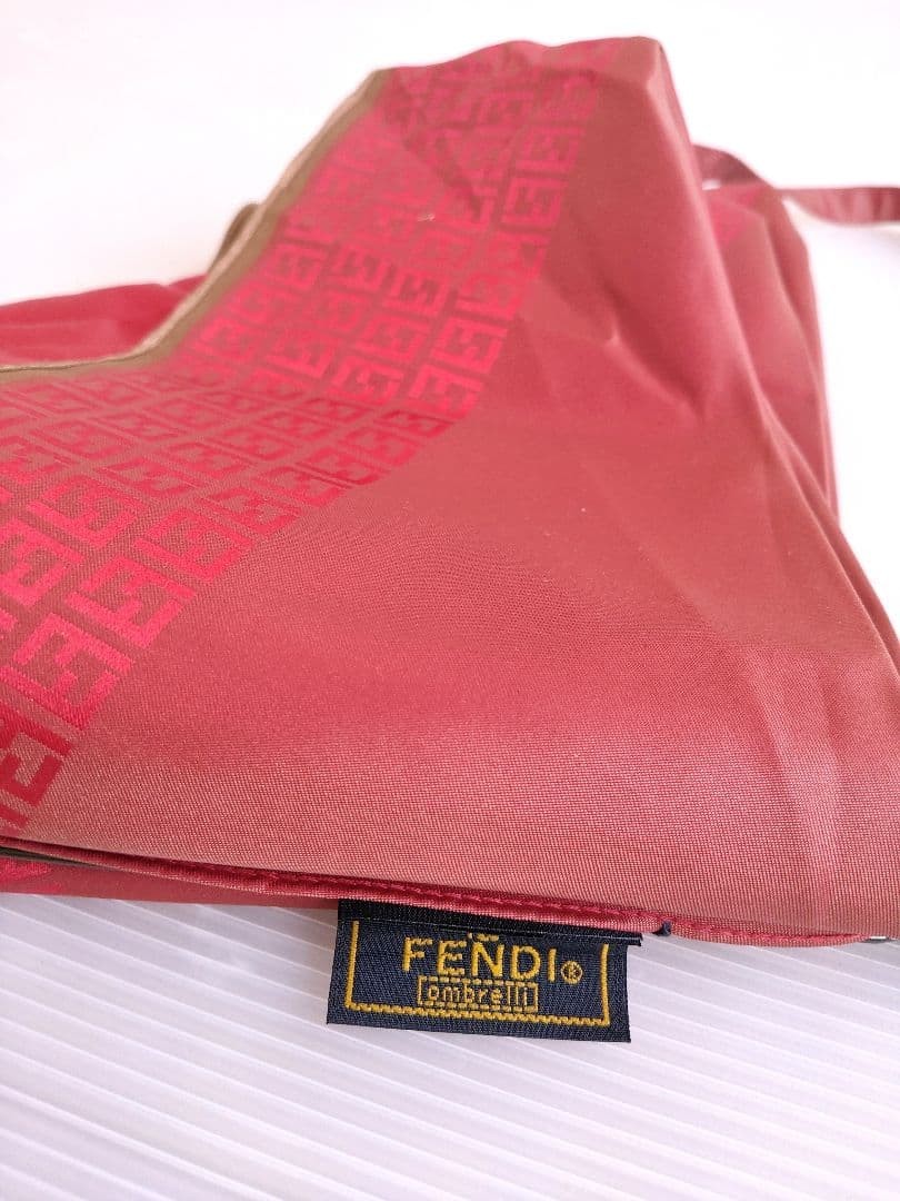 FENDI Zucca Folding Umbrella Red Classic Designer Compact Parasol Authentic