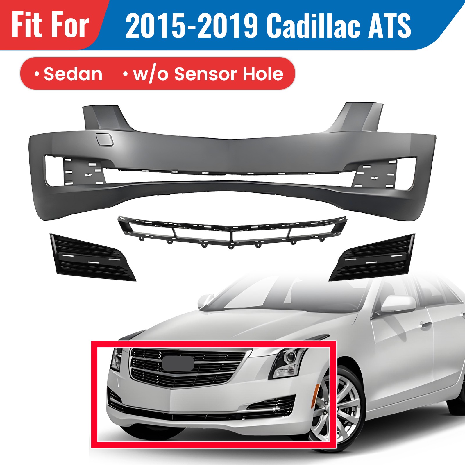 For 2015-2017 2018 2019 Cadillac ATS Front Bumper Cover Grille Assembly Kit 4pcs