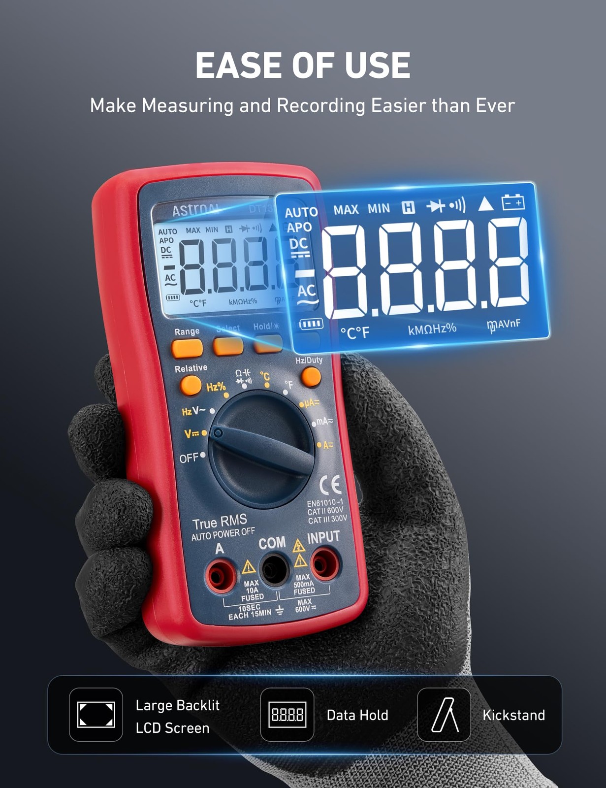 AstroAI Digital Multimeter TRMS 4000 Counts Manual Auto Ranging Red