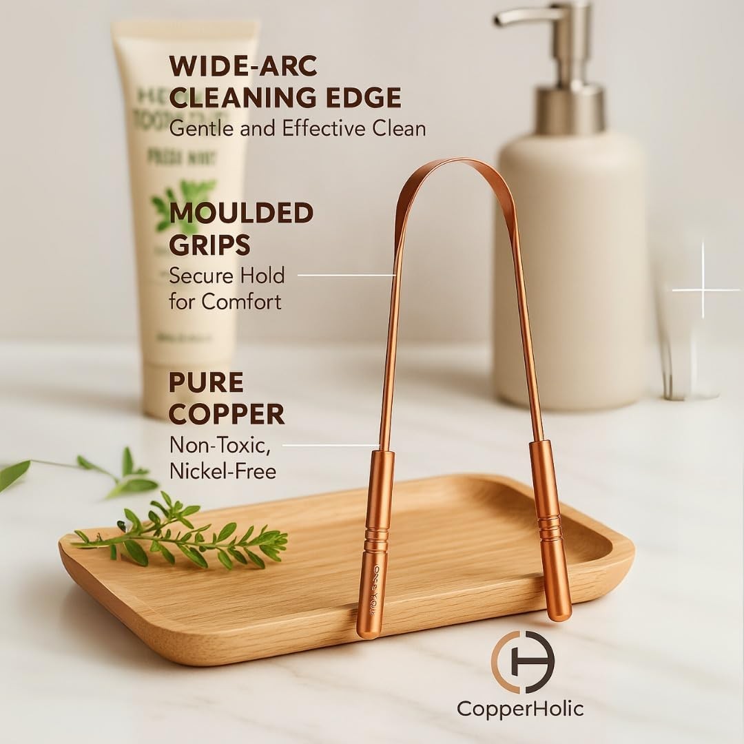 Tongue Scraper Set (2 Pack) – Pure Copper Cleaner Kit with Bamboo
