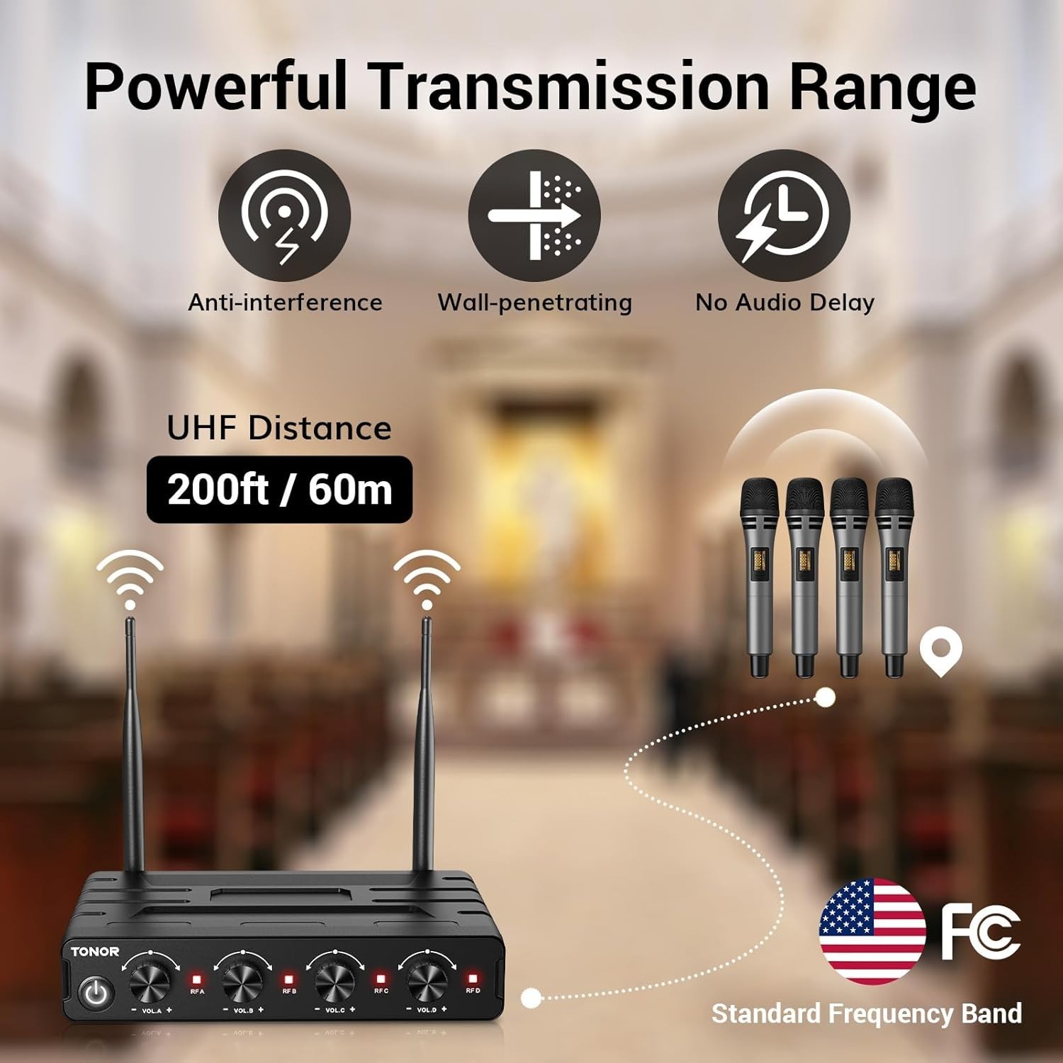 Wireless Microphone System - 4 Handheld Mics, 200ft Range for Karaoke Events