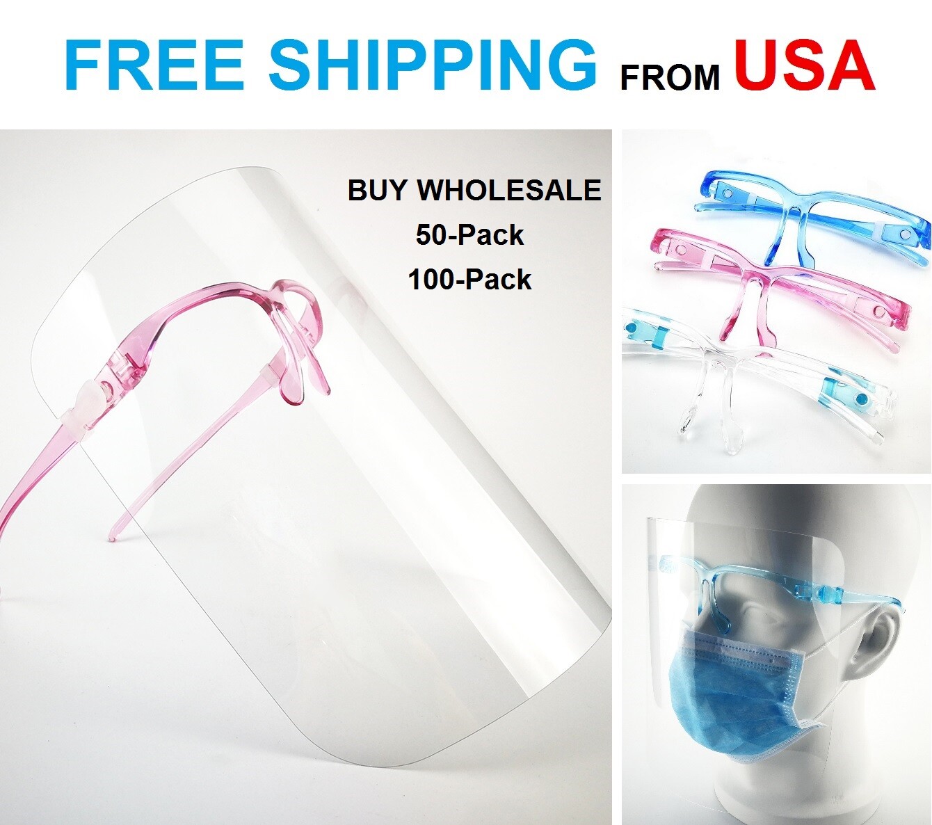 25-50-100-PACK Wholesale Adult Clear Anti-Fog Safety Glasses Face Mask Shield