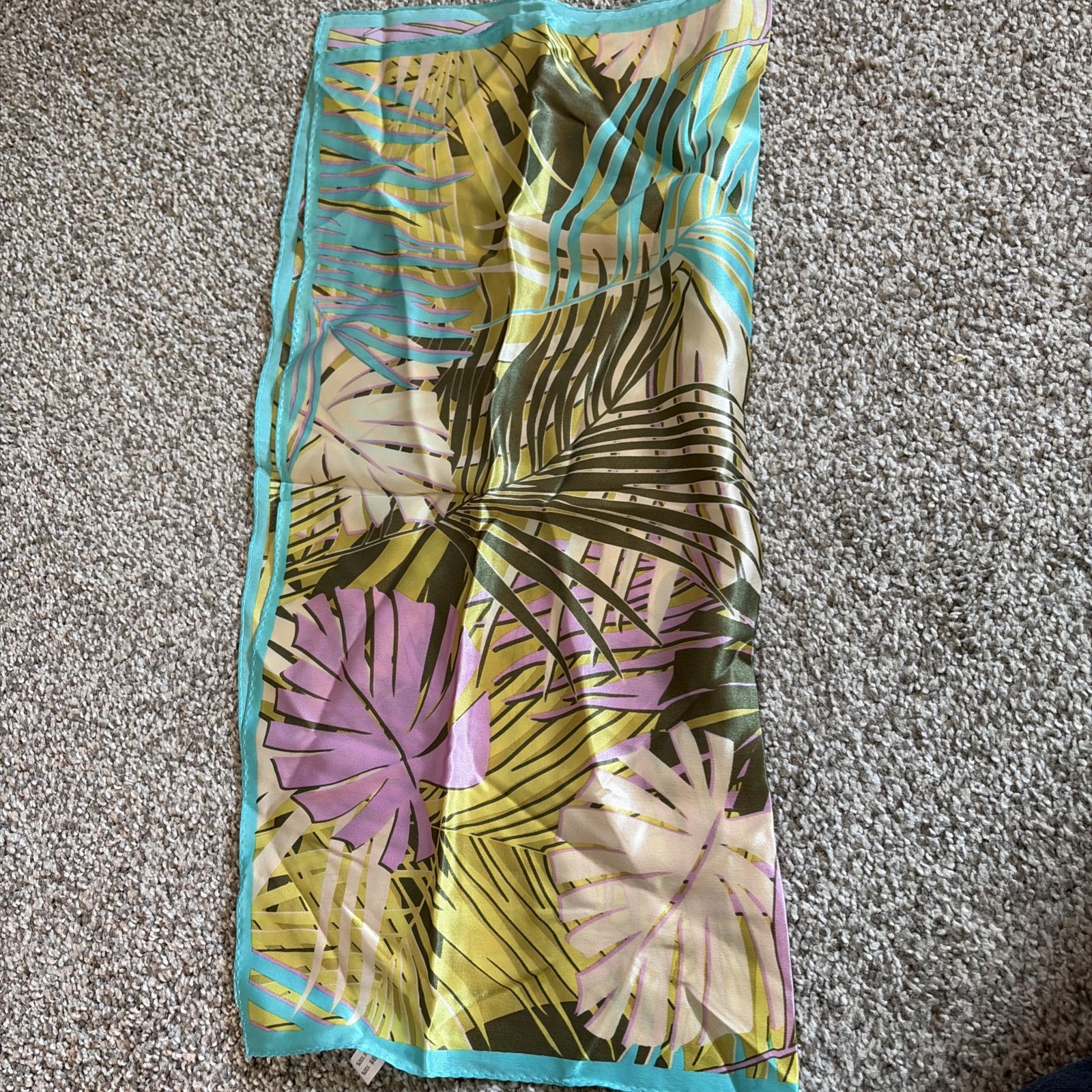100% Mulberry Silk Square Scarf Tropical Plant Monstera Palm 20x20” Pink Green