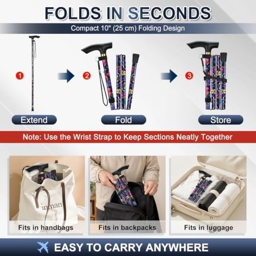 Folding Cane, 5-Level Adjustable Height Walking Stick Lightweight Collapsible Po