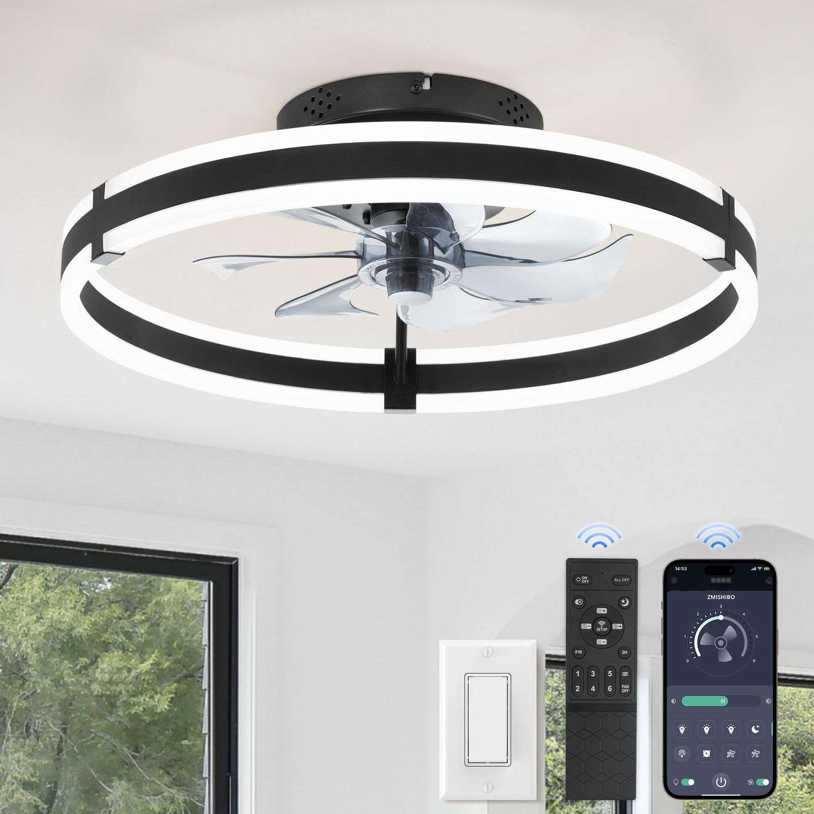 3000-6000K Dimmable Modern Flush Mount LED Fan Light 19.7'' Low Profile Ceiling