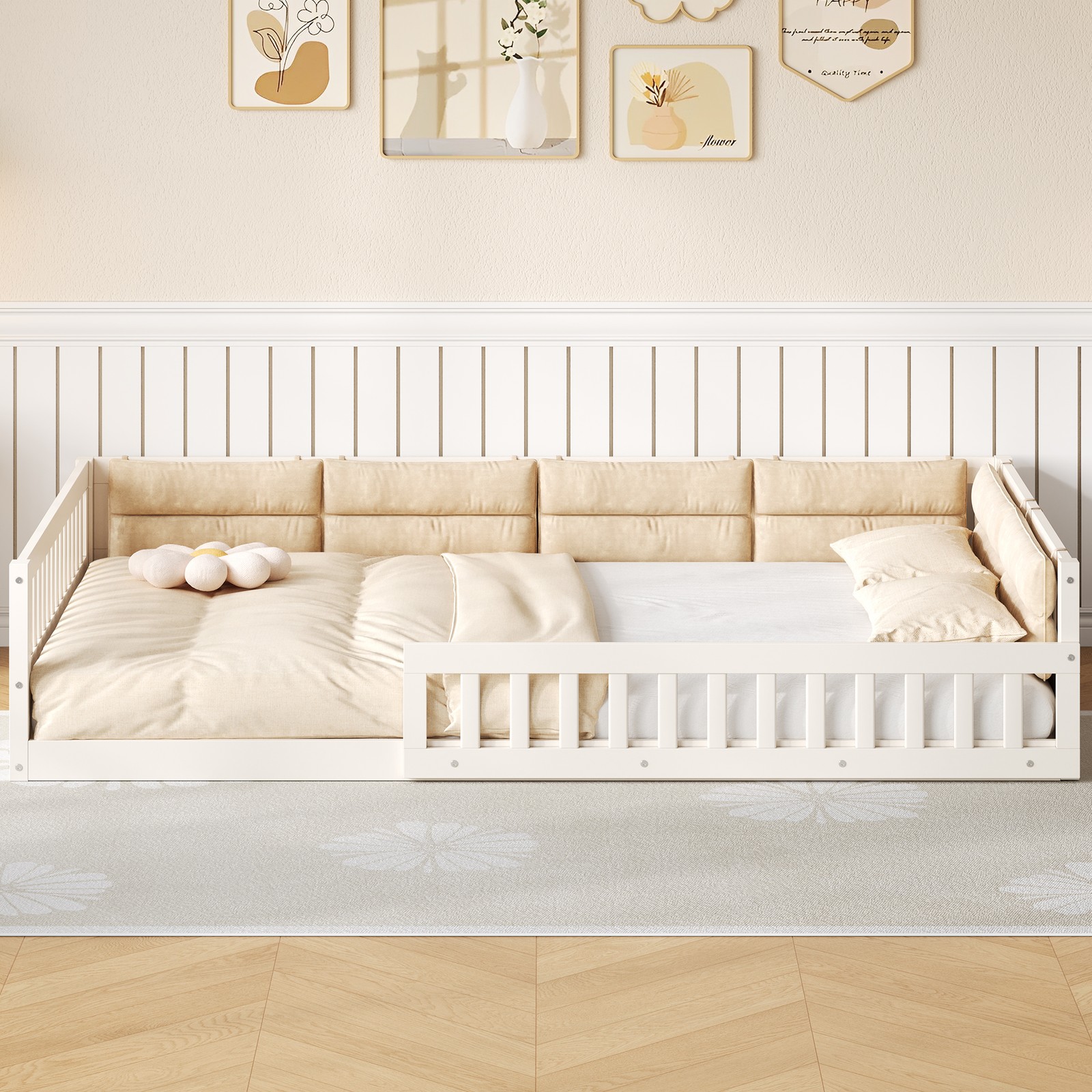 Full Size Upholstered Platform Bed with Guardrail & Pillow, Beige