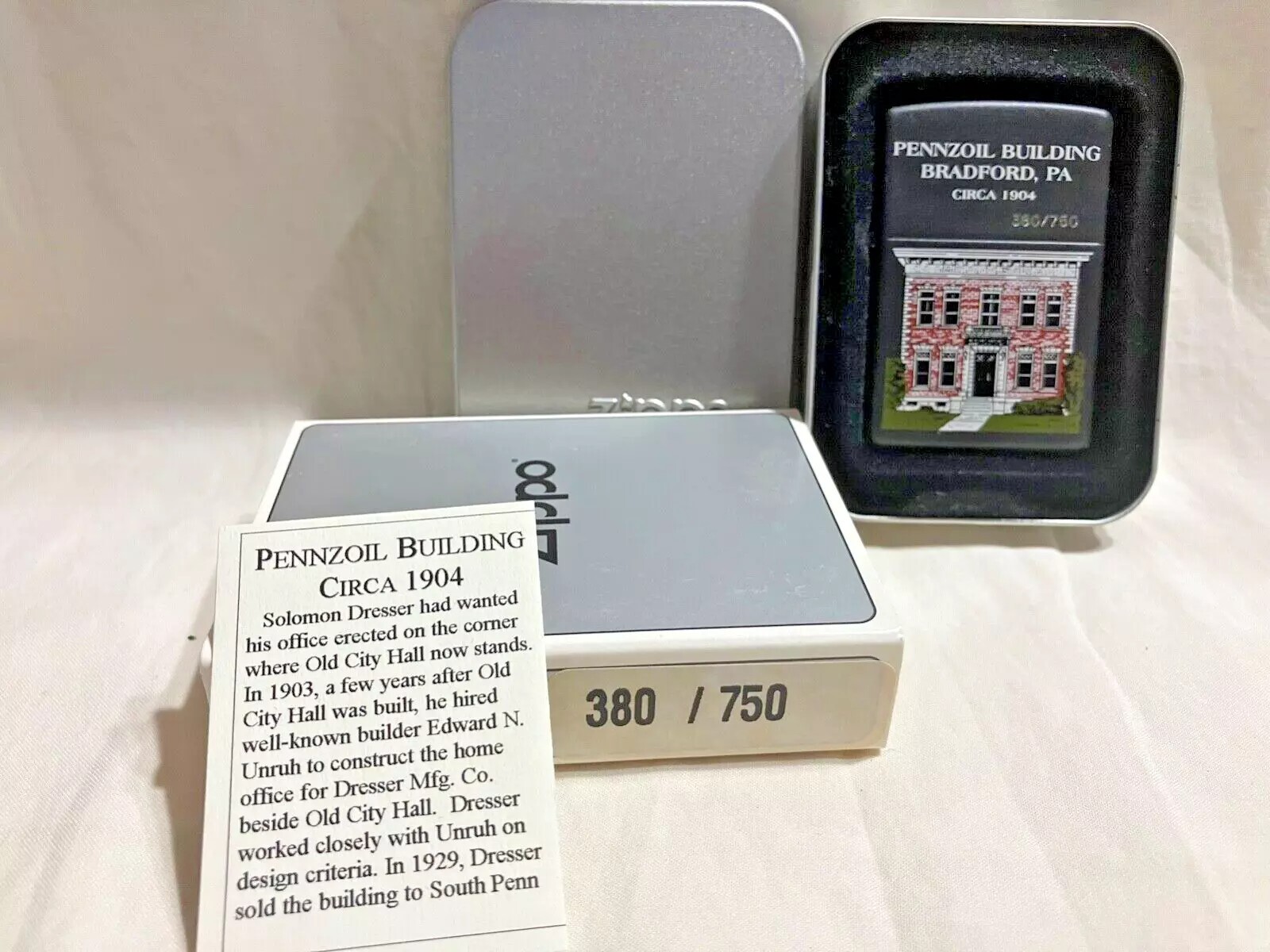 Rare 1998 Sealed PENNZOIL Building Bradford 1904 Zippo Lighter with Tin 380/750