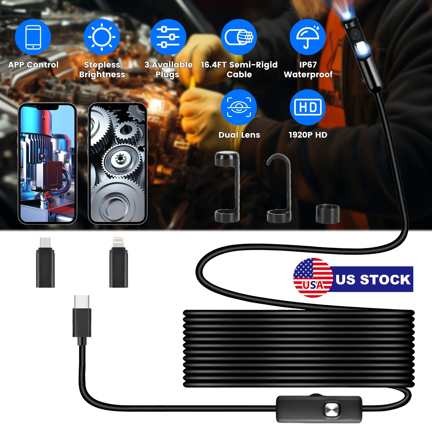 Adjustable Endoscope Camera with Light Borescope HD Inspection Camera Waterproof