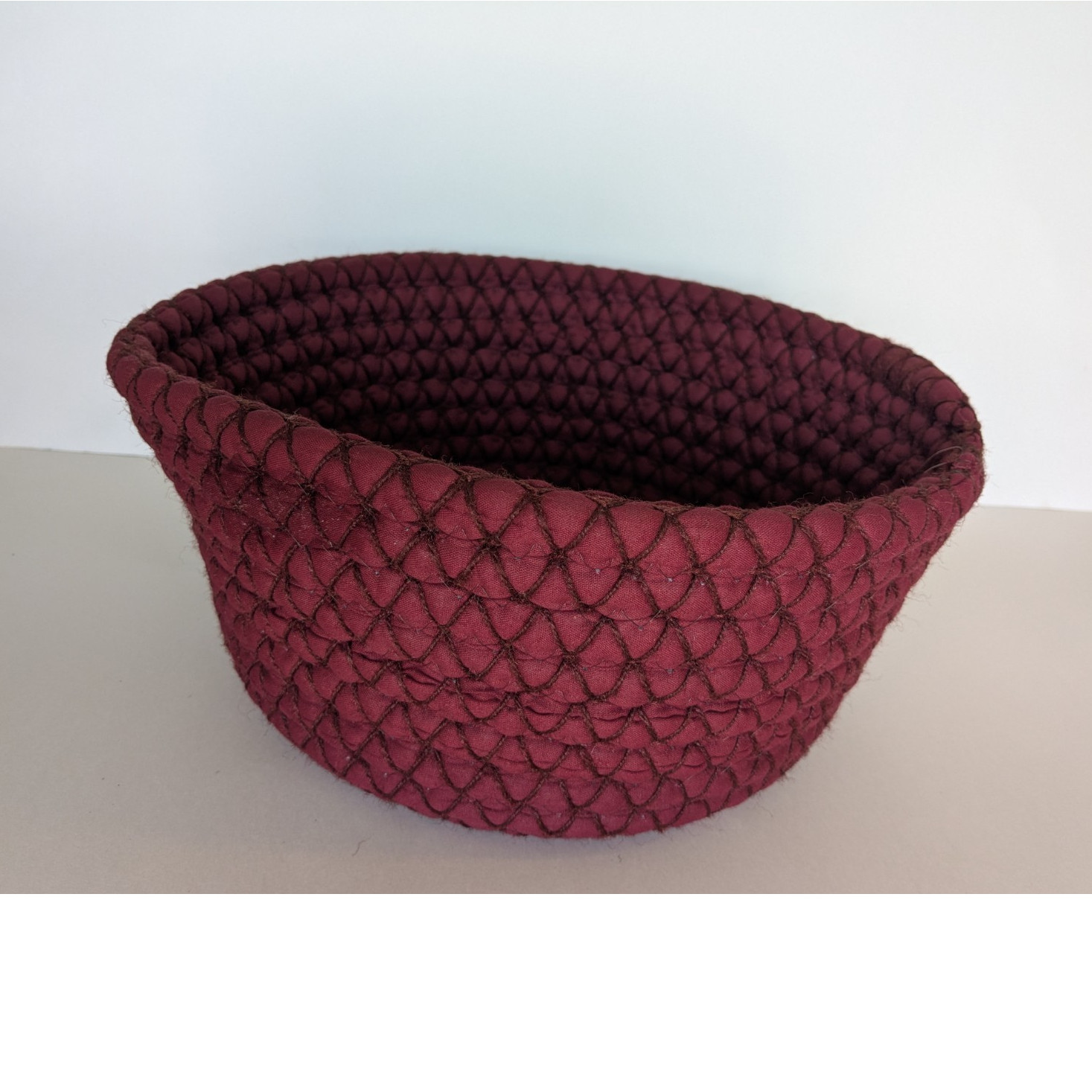 Burgundy Braided Fabric Decorative Basket, Handmade, Round, 12" Diameter