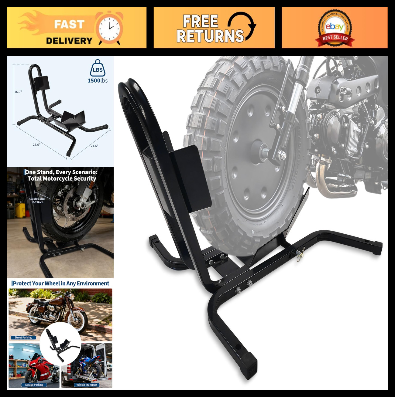 Heavy Duty Adjustable Motorcycle Wheel Chock Stand 1500Lb Capacity for Trailers,
