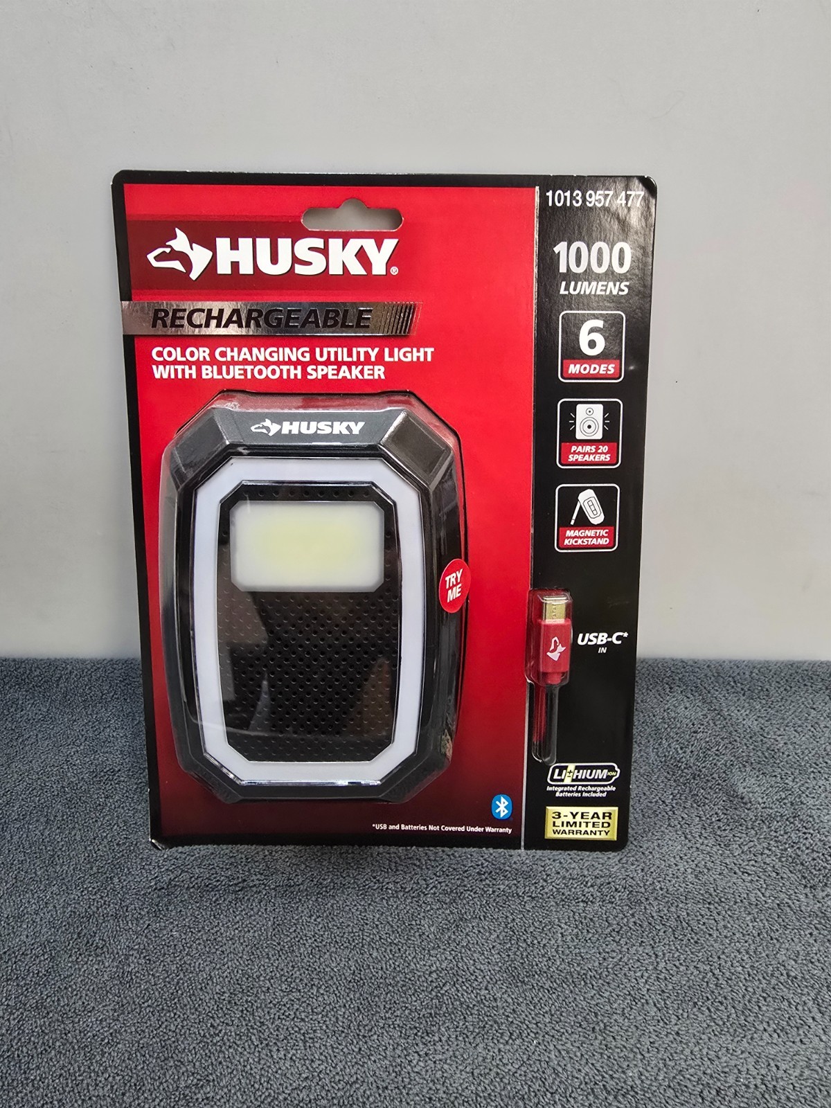 Husky 1000 Lumen Rechargeable Color Changing Utility Light W/Bluetooth Speaker