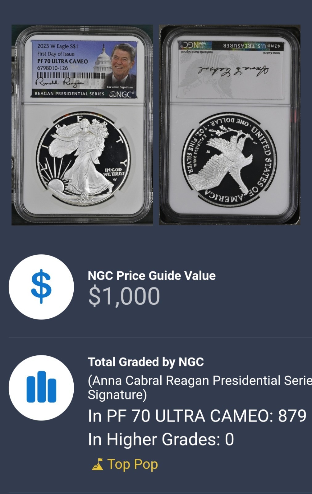 2023 W PROOF SILVER EAGLE NGC PF70 UCAM FIRST DAY ISSUE REAGAN & CABRAL SIGNED