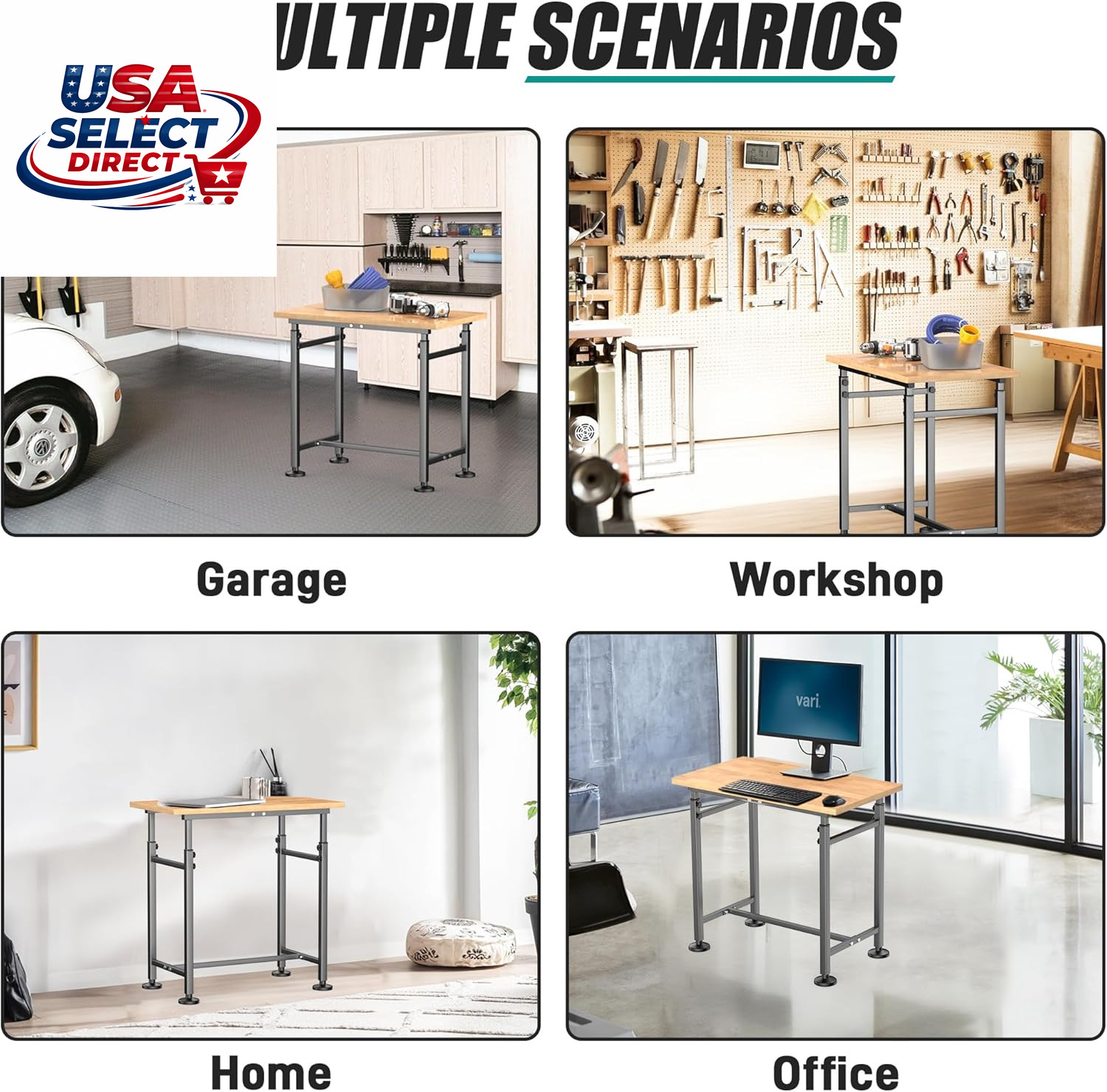 Adjustable Height Workbench for Garage, Heavy Duty Rubber Wood Top