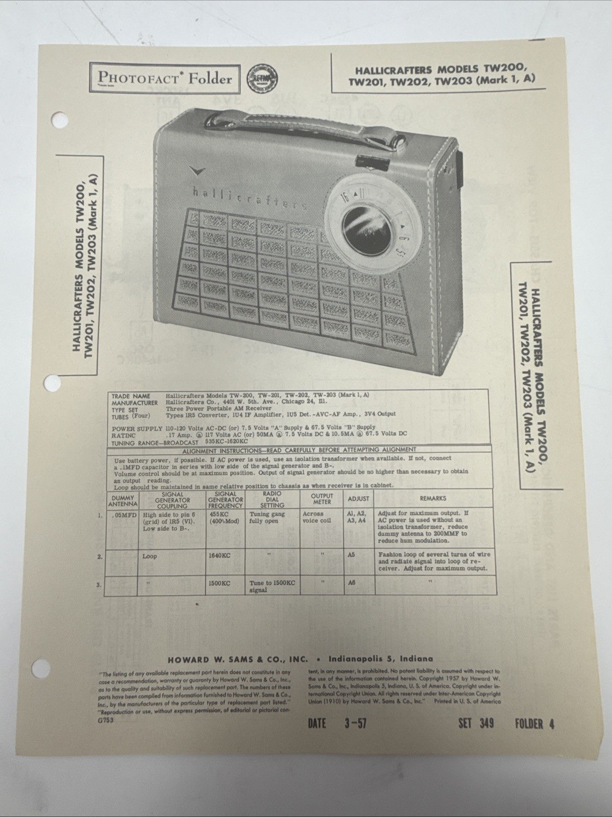 Vintage 1957 SAMS PHOTOFACT - Hallifcrafters Models TW200, 201, 202, 203 Mark1,A