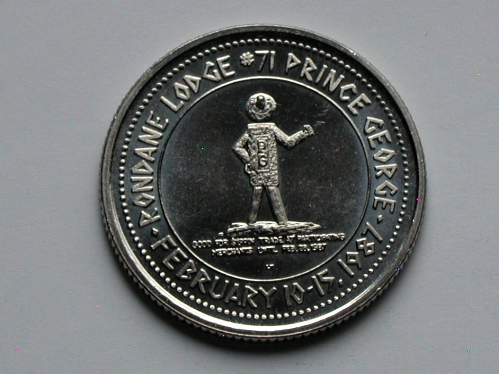 Prince George BC CANADA 1987 Sons of Norway DOLLAR Token with Rodoy Man Skiing