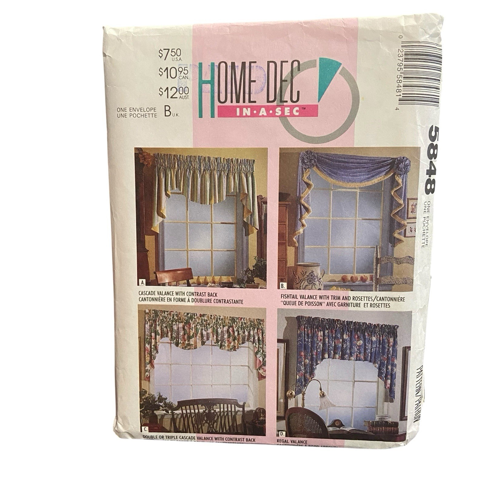 Vintage McCall's 5848 Sewing Pattern Home Dec In A Sec Valance Curtains Décor