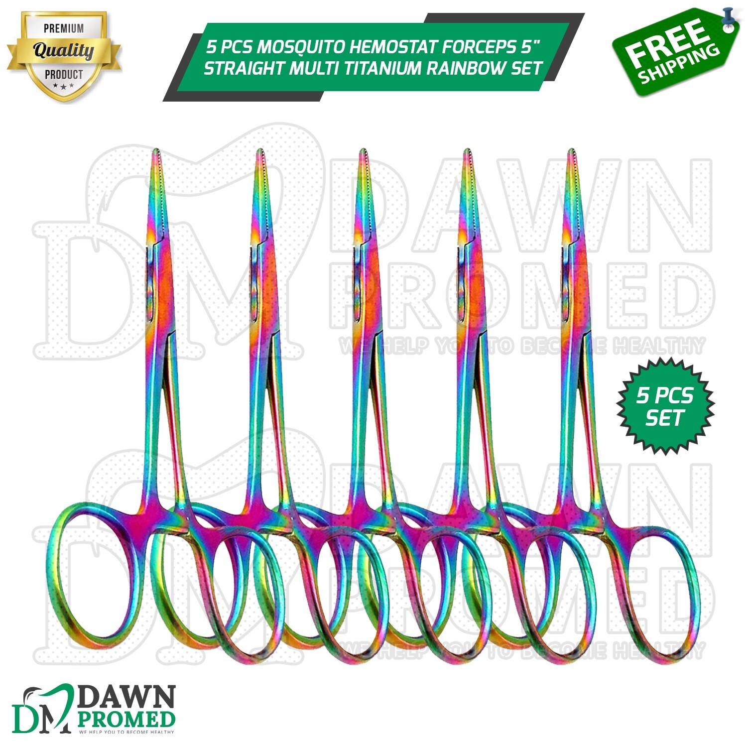 5 Pcs Mosquito Hemostat Forceps 5" Straight Multi Titanium Rainbow Set German Gr