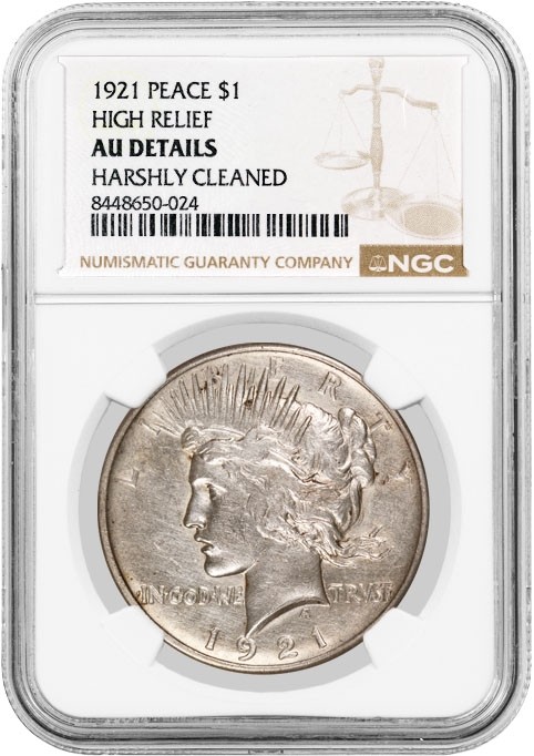 1921 High Relief $1 Silver Peace Dollar NGC AU Details Harshly Cleaned #024