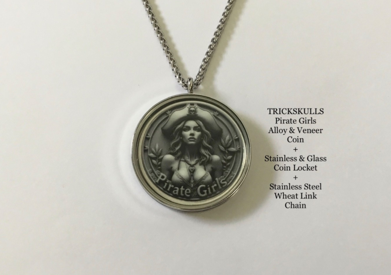 Pirate Girls Alloy & Veneer Coin + Stainless Locket + Stainless Wheat Link Chain