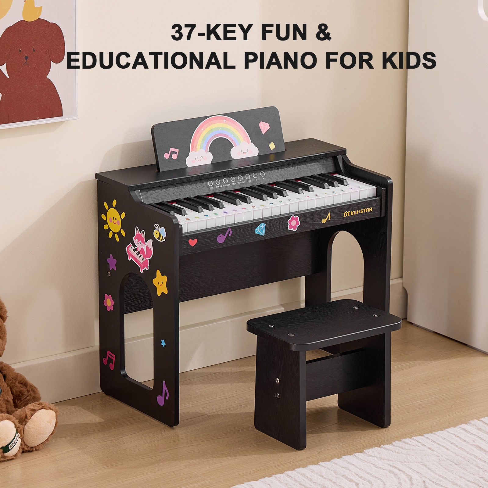 37Key Wood Kids Digital Piano Keyboard Toddler Toy w/Stool,Stickers,Cover(Black)