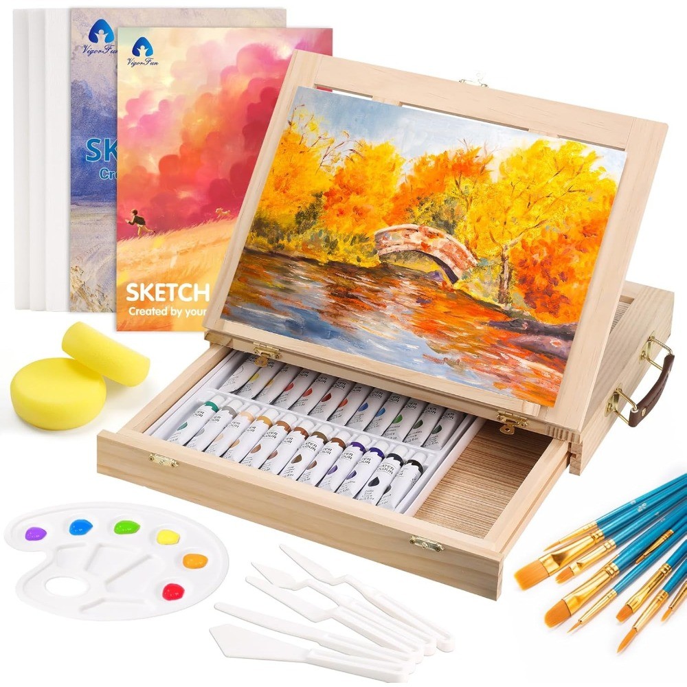 49Pcs Watercolor Painting Kit w/ Wooden Easel Brushes Canvas & Pads