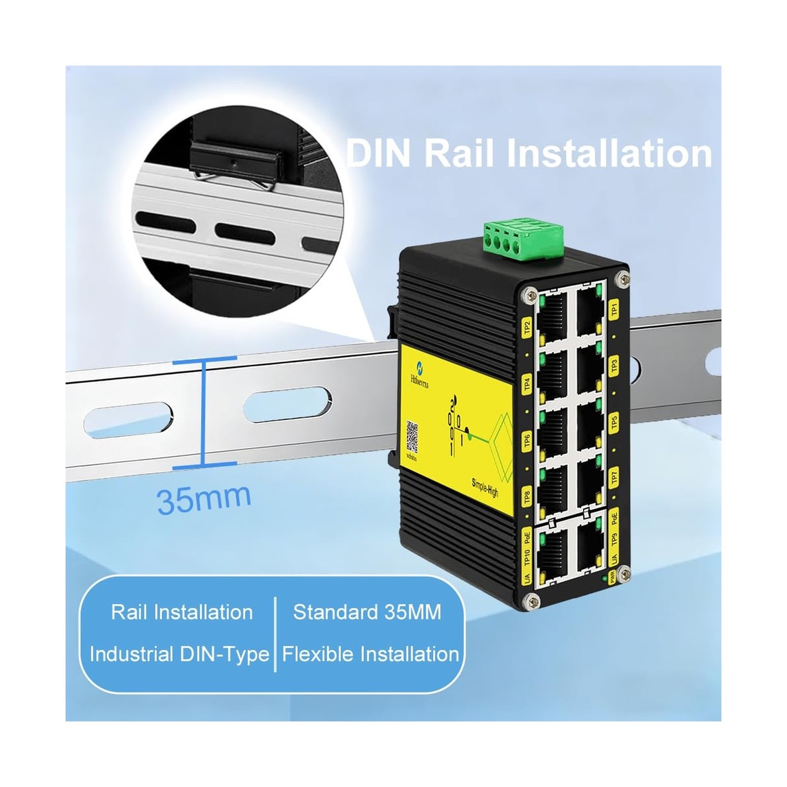 Htfoevrxs Industrial 10-Port Gigabit PoE Switch, DC12V-48V Input to DC48V PoE...