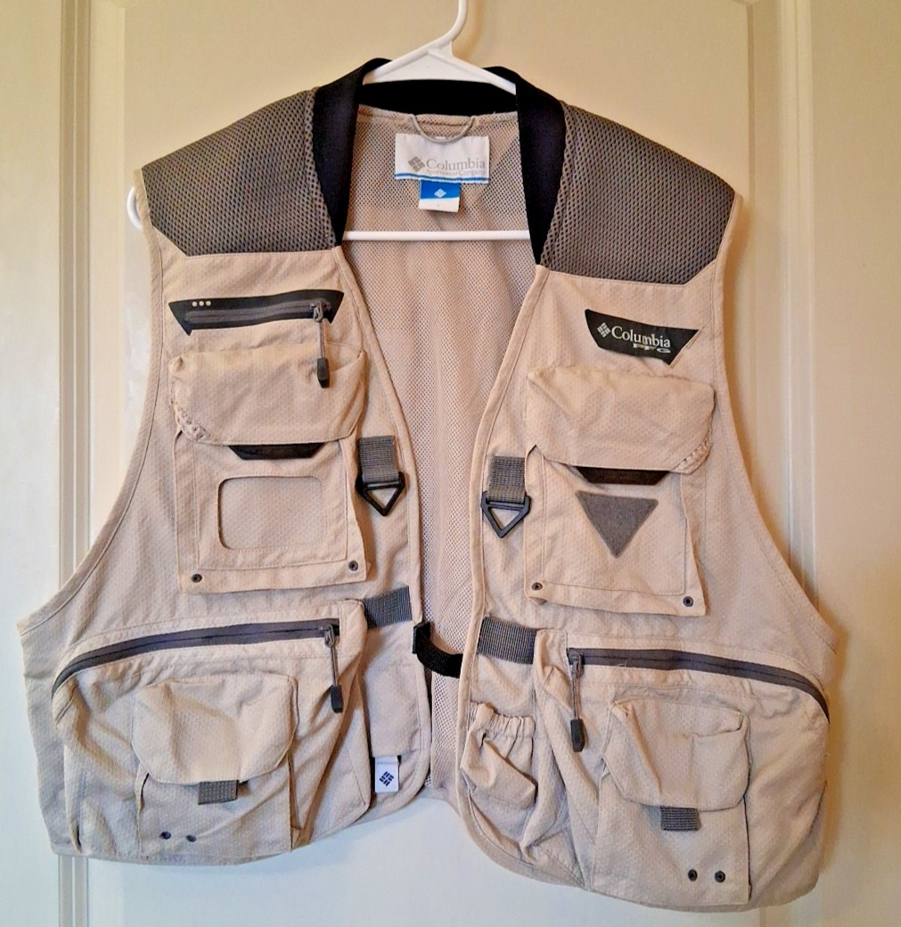 Columbia Tan PFG Henry's Fork V Fishing Vest Men's Large Pockets Outdoors